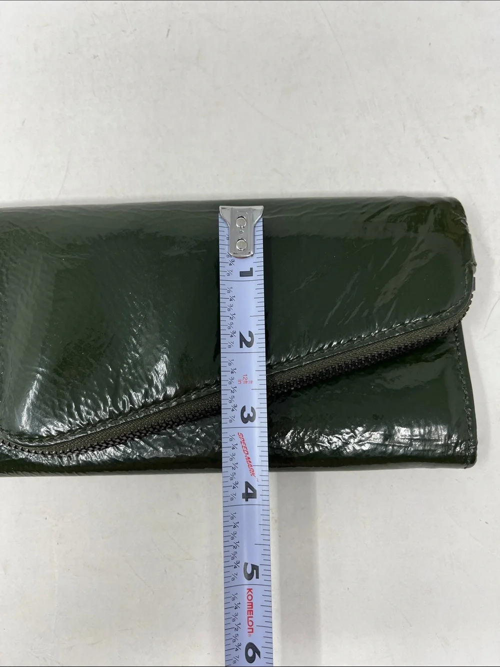 HOBO INTERNATIONAL CLUTCH WALLET ASYMMETRICAL ZIPPER PATENT LEATHER FOREST GREEN
